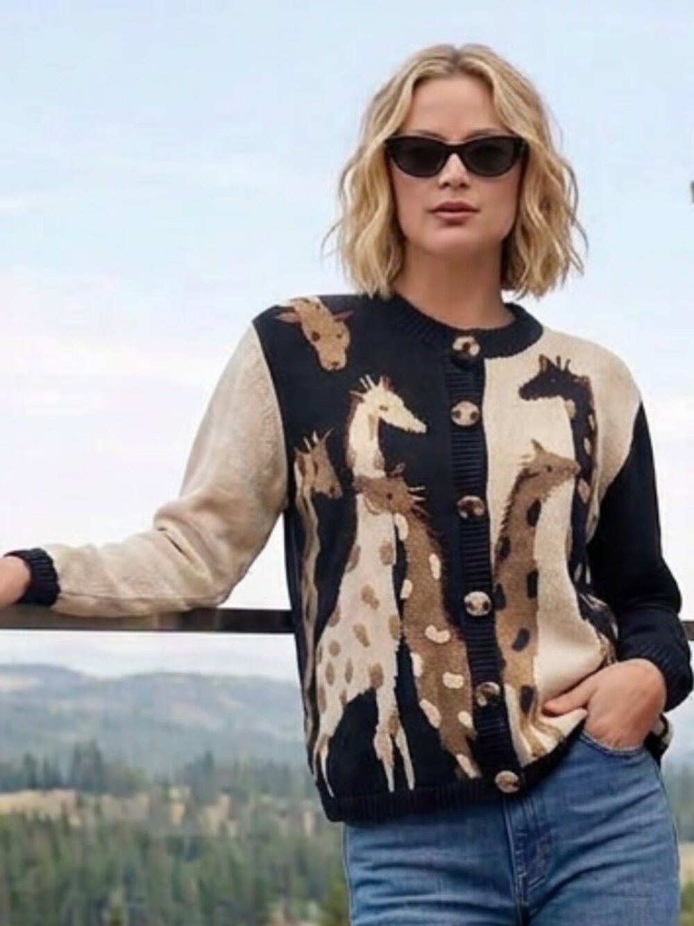 Vintage Christopher & Banks Hand Embroidered Giraffe Print Cardigan Size M
